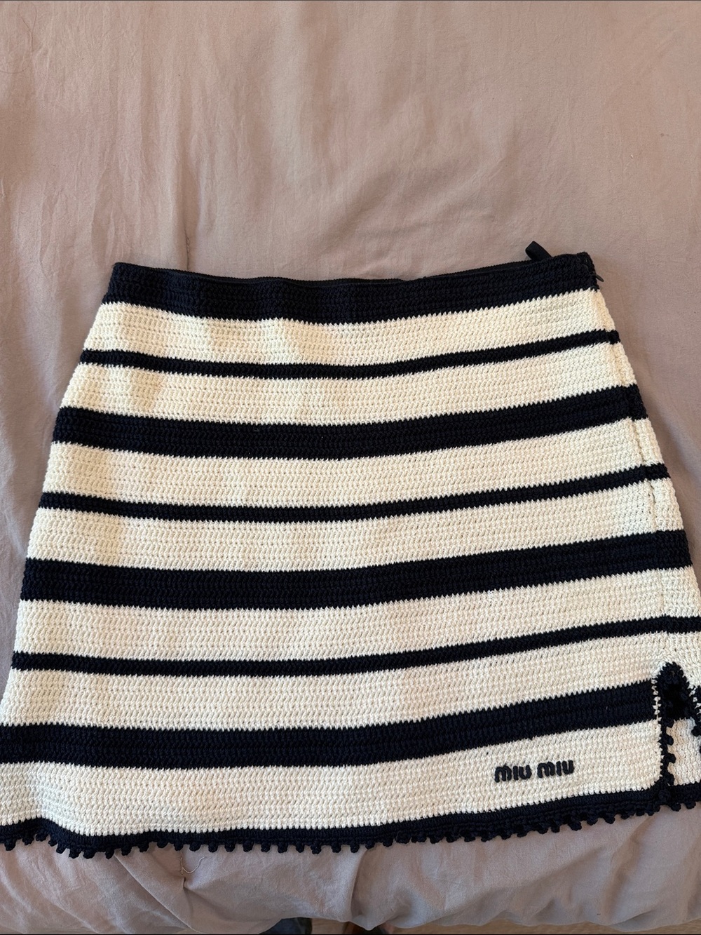 Miu Miu Black and White Striped Crochet Mini Skirt